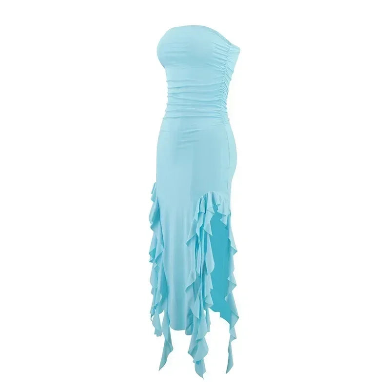 BWQ Long Dresses For Women Slit Sexy Bodycon Sleeveless Jellyfish Dress Hot Girls Fashion Off The Shoulders Maxi Dress Woman