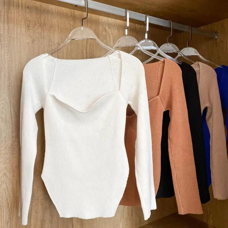 New Casual And Trendy Square Collar Long Sleeve Woman's Sweaters Knitted Pullover Spring Autumn Sweater Winter Tops For Women Black And White Jumper